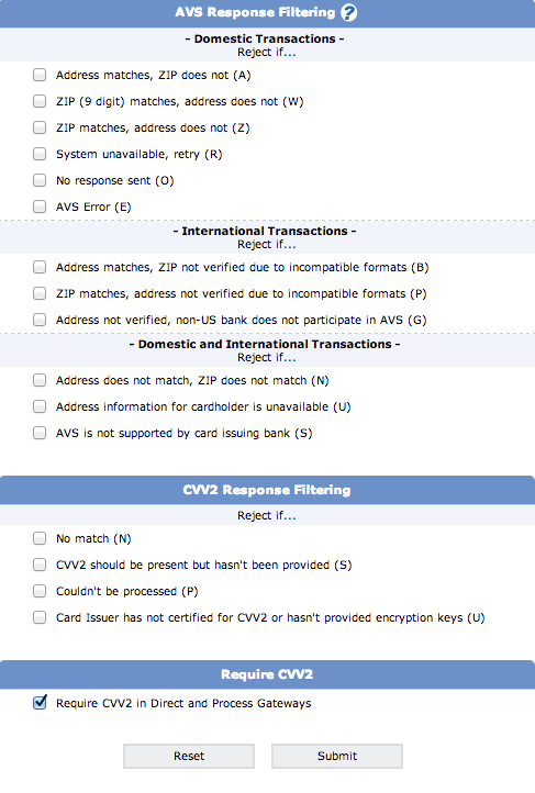 AVS and CVV2 Filters for Fraud Screening