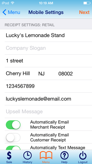 Mobile Receipt Settings