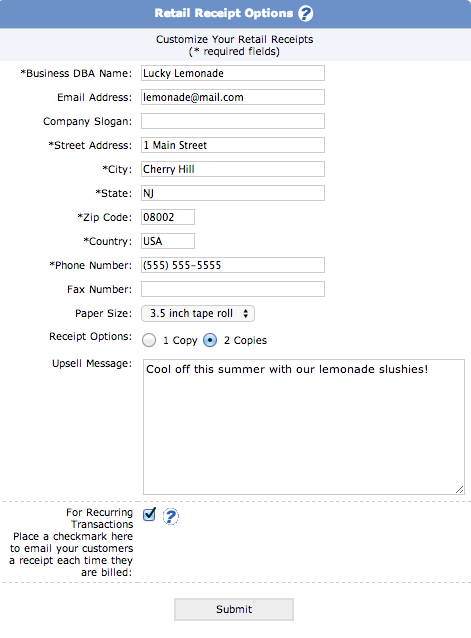 Set Up Retail Receipt